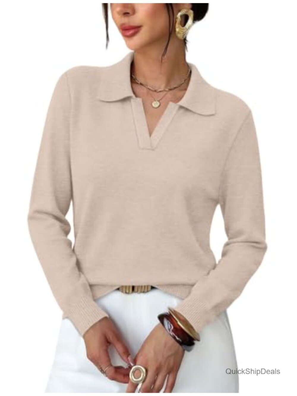 Women's Long Sleeve Polo Collar V-Neck Knit Sweater Pullover Business Casual